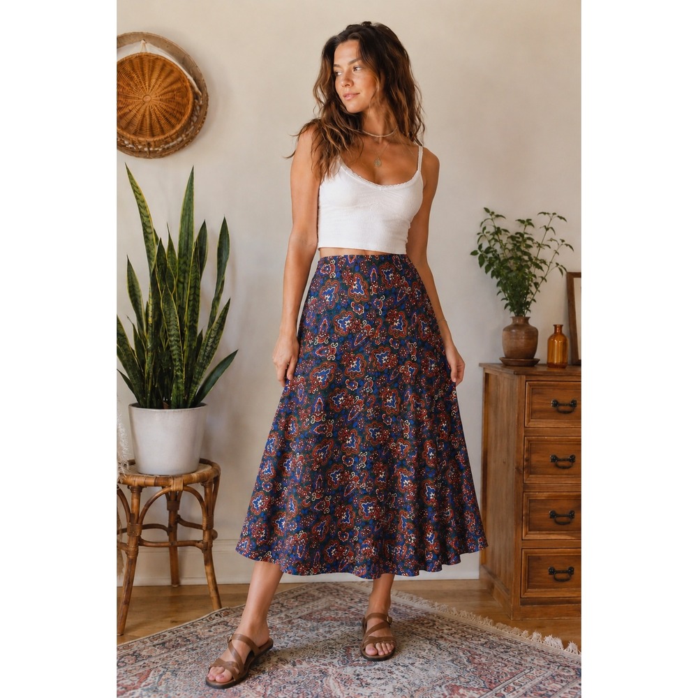 Vintage Paisley Boho A-Line Midi Skirt Women L Cottagecore Festival Retro Hippie